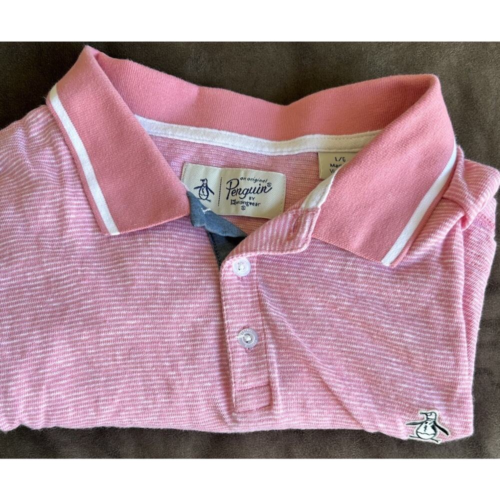 vtg penguin Pink Striped golf polo shirt Preppy L retro casual career summer - Picture 7 of 7